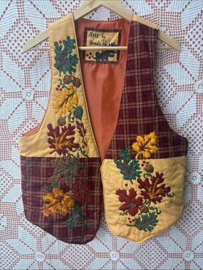 Handmade Autumn Patchwork Vest Oak Leaves Acorns Plaid